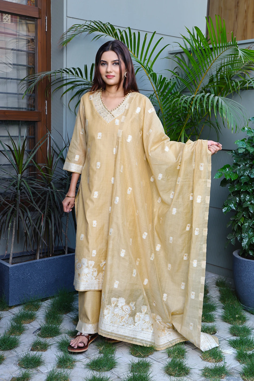 VGlame Yellow Jamdani Cotton 3 Piece Suit Set for Women – Straight Kurta with Pant & Dupatta | Semi Formal Ethnic Festive Wear